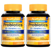 NewRhythm Probiotics bottle front view showing shelf-stable design for daily balance.