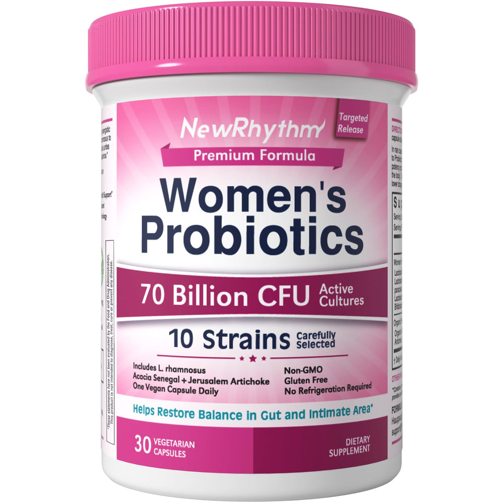 NewRhythm Women's Probiotics bottle front shows branding for daily use