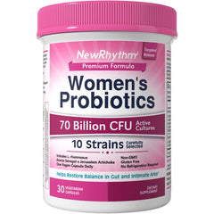 NewRhythm Women's Probiotics bottle front shows branding for daily use
