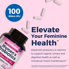 NewRhythm Women’s Probiotics bottle label close-up highlighting key ingredients