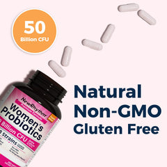 NewRhythm Women's Probiotics label highlights 50B CFU and 18 strains.