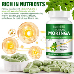 Newseel Moringa Capsules label closeup highlights purity and ingredient notes.