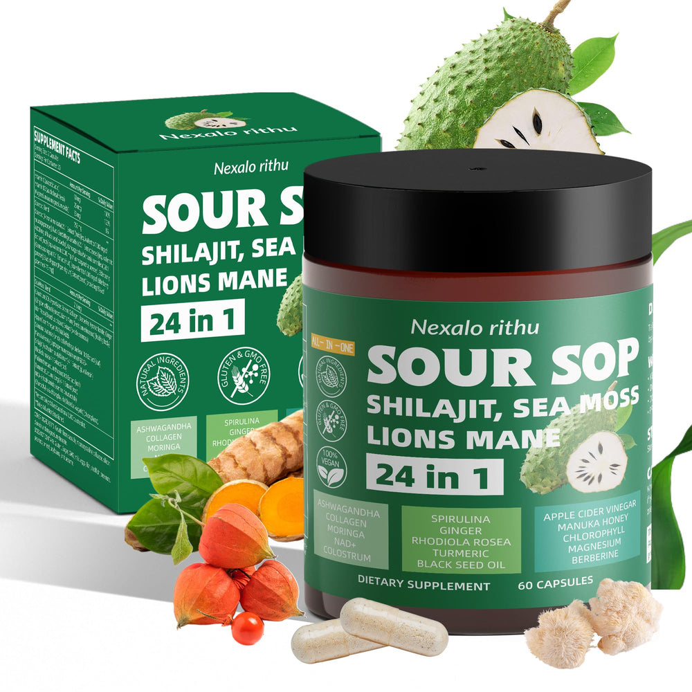 Nexalo rithu soursop capsules bottle for daily gut support and energy.