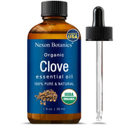 Nexon Botanics clove essential oil bottle front for pure, inviting spice aroma.