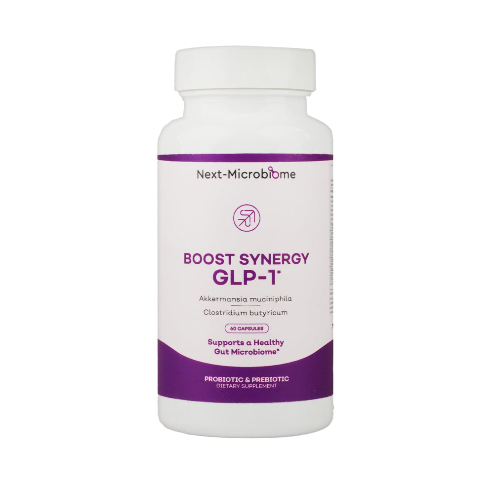 Next-Microbiome Boost Synergy probiotic bottle supports gut balance and metabolic wellness.