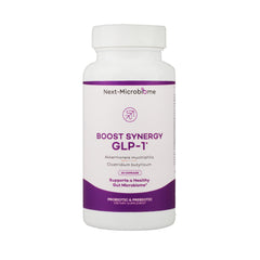 Next-Microbiome Boost Synergy probiotic bottle supports gut balance and metabolic wellness.
