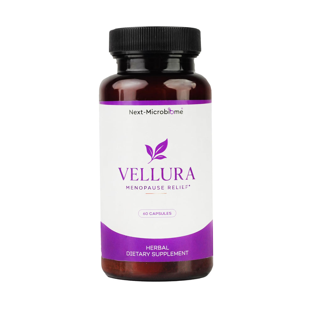 Vellura bottle front with capsules for menopause support.