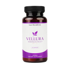 Vellura bottle front with capsules for menopause support.