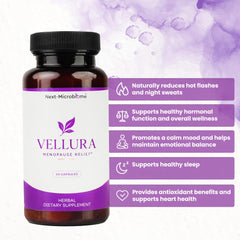 Vellura ingredients blend label featuring botanicals and prebiotics.