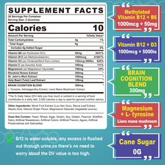 Nextdia Focus Memory & Energy Gummies label closeup highlights B12 and Lion's Mane