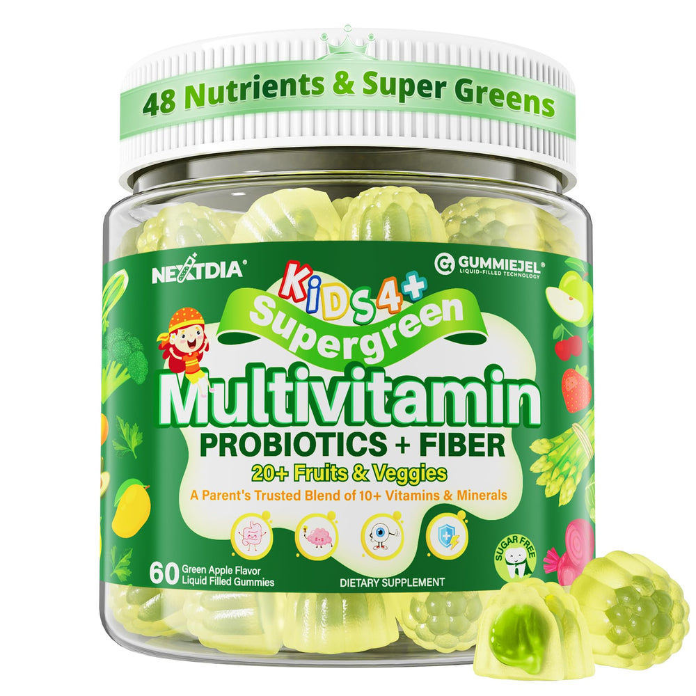 Nextdia Kids Multivitamin Gummies bottle front with vegan, sugar-free daily nutrition