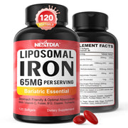Nextdia liposomal bariatric iron 65mg bottle with gentle, easy-to-swallow softgels.