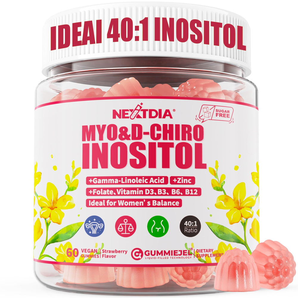Nextdia Myo-Inositol-D-Chiro gummies bottle offers convenient daily support for hormonal balance.