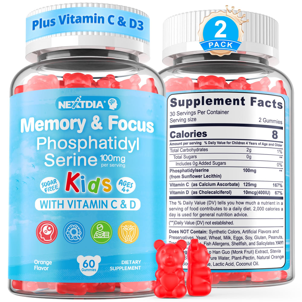 Nextdia phosphatidylserine kids bottle with focus gummies supports daily concentration.