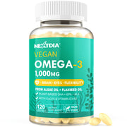 Nextdia vegan omega-3 1000mg bottle closeup with algae DHA and EPA for daily wellness