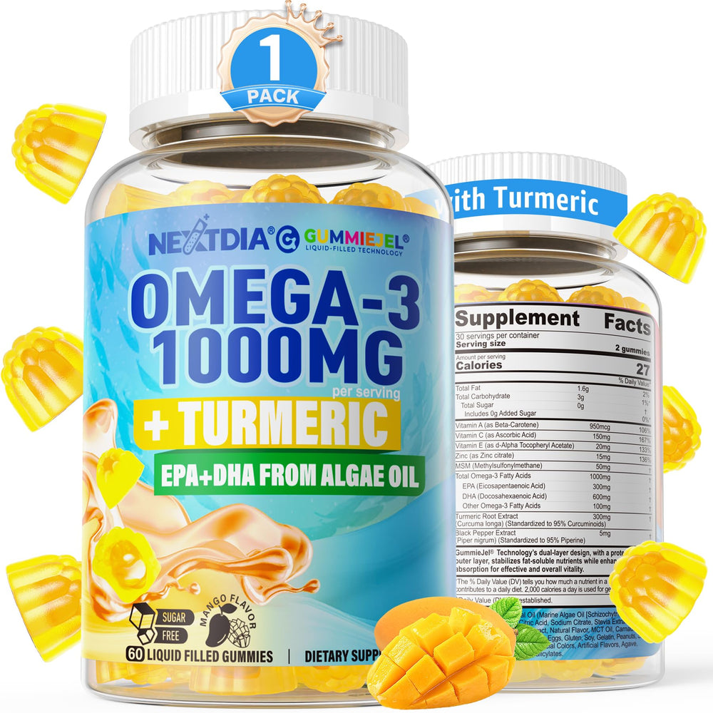 Nextdia Vegan Omega-3 Gummies bottle showing mango flavor and turmeric blend for everyday vitality