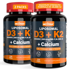 Nextdia Vitamin D3 20,000 IU + K2 softgel bottle promotes bone and muscle support.