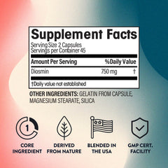 NGL Pure Diosmin 750 mg label highlights citrus bioflavonoids and purity.