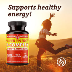 NGL Super Energy bottle label featuring B complex with folic acid and zinc.