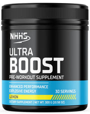 NHHS Ultra Boost lemon powder ready to mix for a clean pre-workout energy boost.