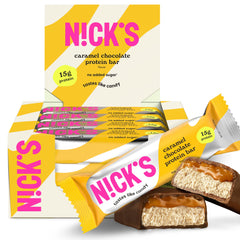 N!CK'S Chocolate Caramel bar box shows a 12-count package for easy keto snacking.