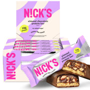 Nick's Protein Bars peanut butter packaging highlights high-protein, keto-friendly snack.