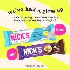 N!CK'S Nick's Triple Chocolate bar ingredient panel highlights protein blend for balanced fueling.