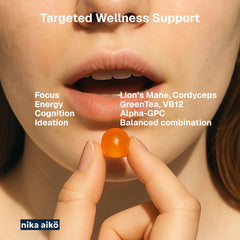 Nika Aiko Focus Mushroom Gummies packaging displays resealable pouch and vegan formula.