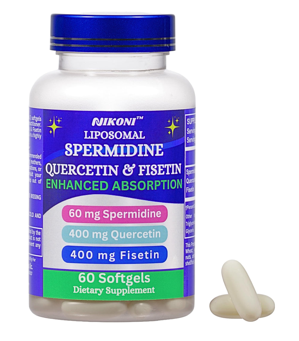 Nikoni Liposomal Spermidine bottle shows the 3-in-1 formula for aging support.