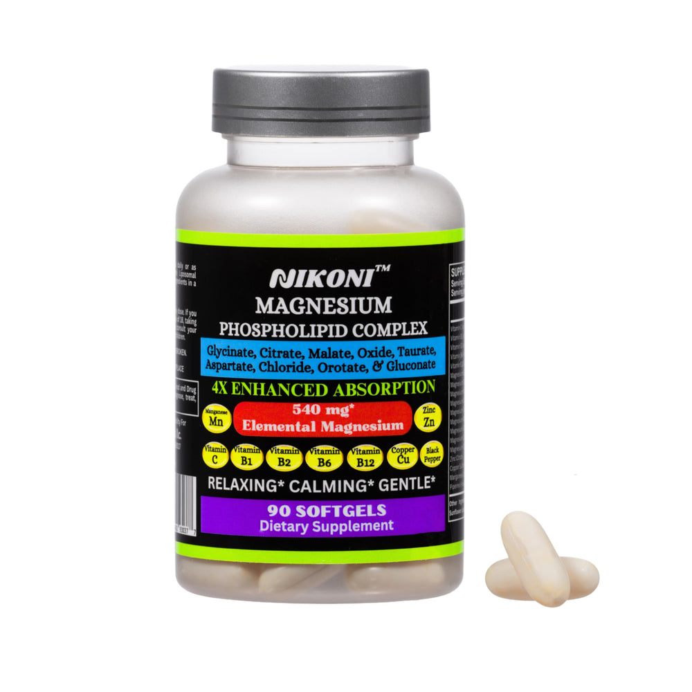 Nikoni Phospholipid Magnesium bottle front view, suggesting daily wellness support.