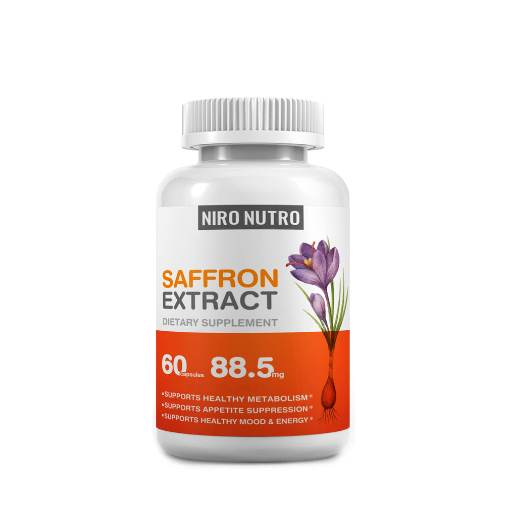 Niro Nutro saffron supplements bottle shows 60 capsules for daily mood support.