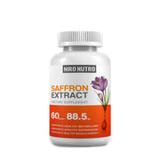Niro Nutro saffron supplements bottle shows 60 capsules for daily mood support.