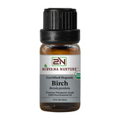 Nirvana Nurture Birch essential oil bottle highlighting pure aroma for diffuser or skincare