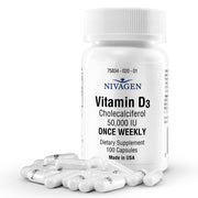 Nivagen Vitamin D3 50k bottle for easy weekly dosing.