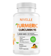 NIVELLE Turmeric Curcumin bottle highlights 95% curcuminoids for potent antioxidant support.