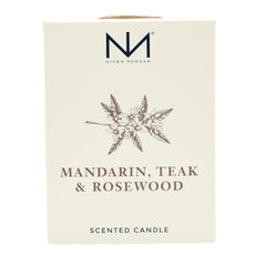 Niven Morgan Mandarin-Teak-Rosewood candle label emphasizes craftsmanship and premium scent