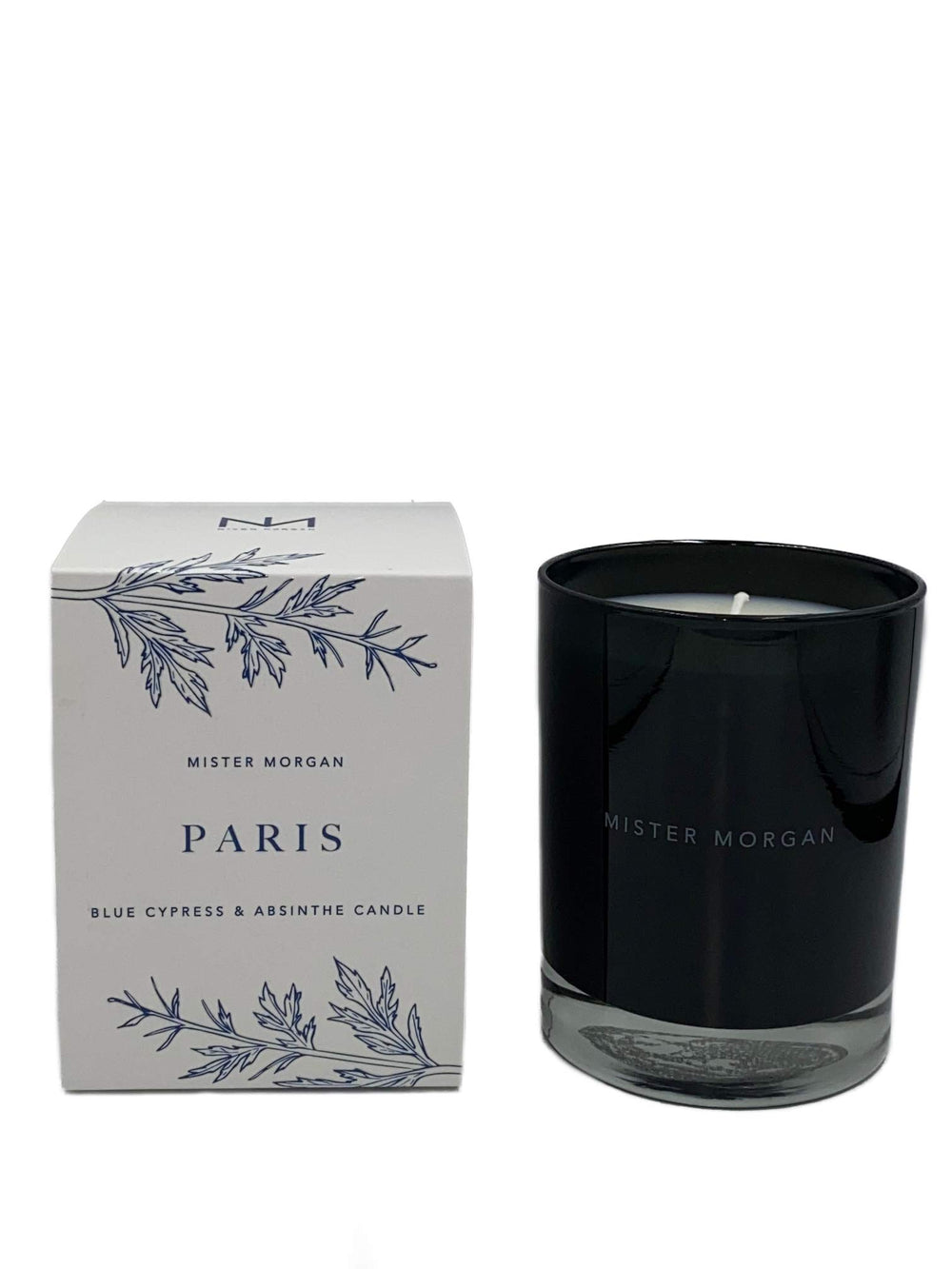 Mister Morgan Paris Blue Cypress and Absinthe candle jar showcasing 60-hour burn and premium soy blend