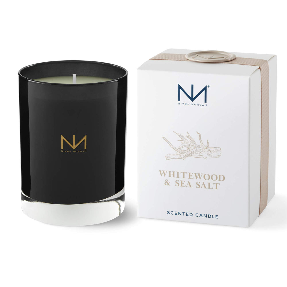 Niven Morgan Whitewood Sea Salt candle front view enhances living spaces with refined fragrance.