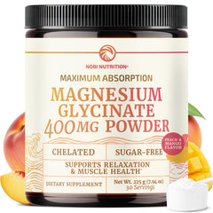 Nobi Nutrition Magnesium Glycinate Powder jar label showing 400 mg elemental magnesium per serving for daily support.