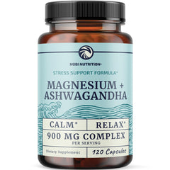 Nobi Nutrition Magnesium Ashwagandha bottle for easy daily calm and rest.