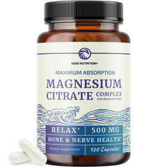 Nobi Nutrition Magnesium Citrate Complex bottle front shows label for daily digestion support.
