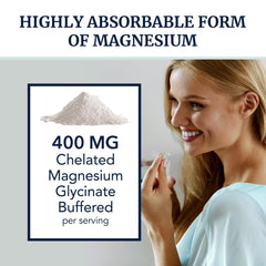 Capsules close-up showing small, easy-to-swallow magnesium glycinate capsules.