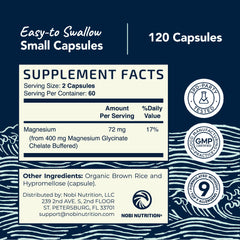 Label close-up reveals chelated magnesium glycinate form and allergen-friendly notes.