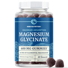 Nobi Nutrition Magnesium Gummies bottle showing 600mg formula for daily wellness.