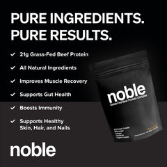 Noble Origins Grass-Fed Beef Protein 21g powder emphasizing lean protein for muscle support