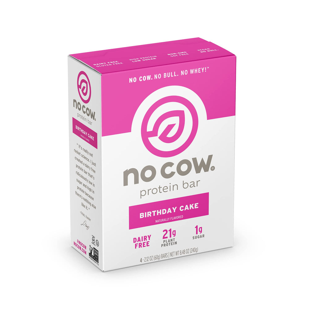 No Cow Birthday Cake bar packaging shows a convenient 4-bar box for on-the-go snacking.