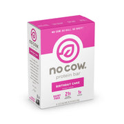 No Cow Birthday Cake bar packaging shows a convenient 4-bar box for on-the-go snacking.