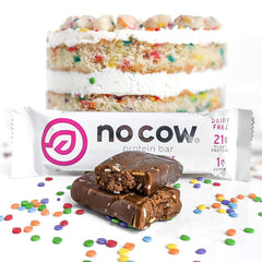 No Cow Birthday Cake bar close texture with natural sweetness for mindful tasting.