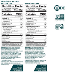 No Cow bars dipped chocolate coating close-up, rich flavor with fiber boost.
