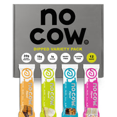 No Cow High Protein Bars dipped variety pack hero, plant-based protein snack for on-the-go energy.